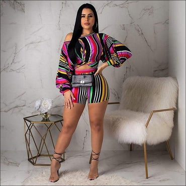 Off-shoulder Puff Sleeve Women Multicolor Stripes Print Cropped Top Tight Shorts Set