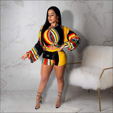 Off-shoulder Puff Sleeve Women Multicolor Stripes Print Cropped Top Tight Shorts Set