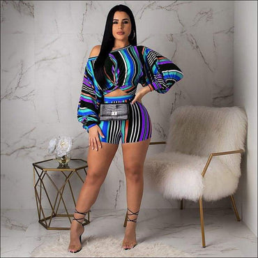 Off-shoulder Puff Sleeve Women Multicolor Stripes Print Cropped Top Tight Shorts Set