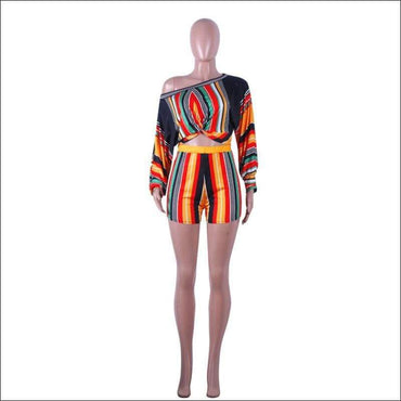 Off-shoulder Puff Sleeve Women Multicolor Stripes Print Cropped Top Tight Shorts Set