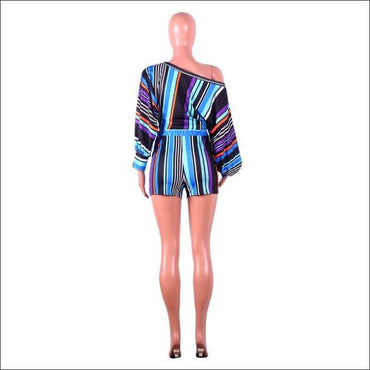 Off-shoulder Puff Sleeve Women Multicolor Stripes Print Cropped Top Tight Shorts Set
