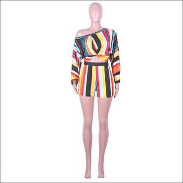 Off-shoulder Puff Sleeve Women Multicolor Stripes Print Cropped Top Tight Shorts Set