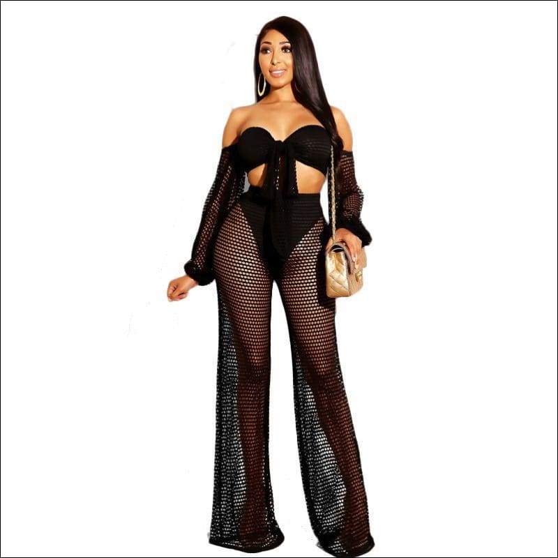 Off-shoulder Self Tie Cropped Top See-through Mesh Pants 