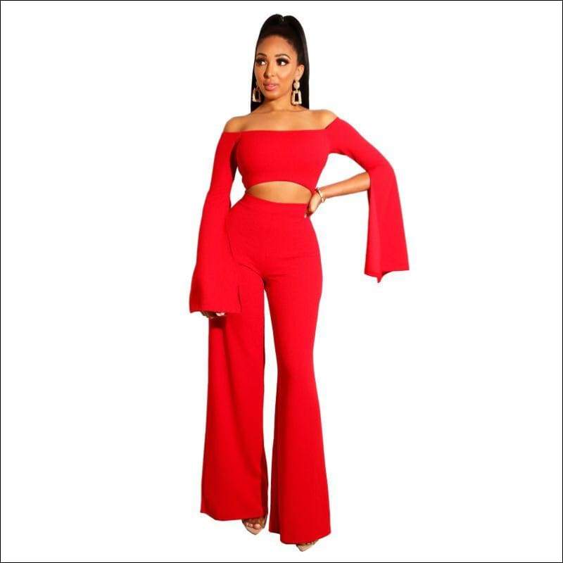 Off-shoulder Solid Color Crop Top Wide-leg Pants Party Set -