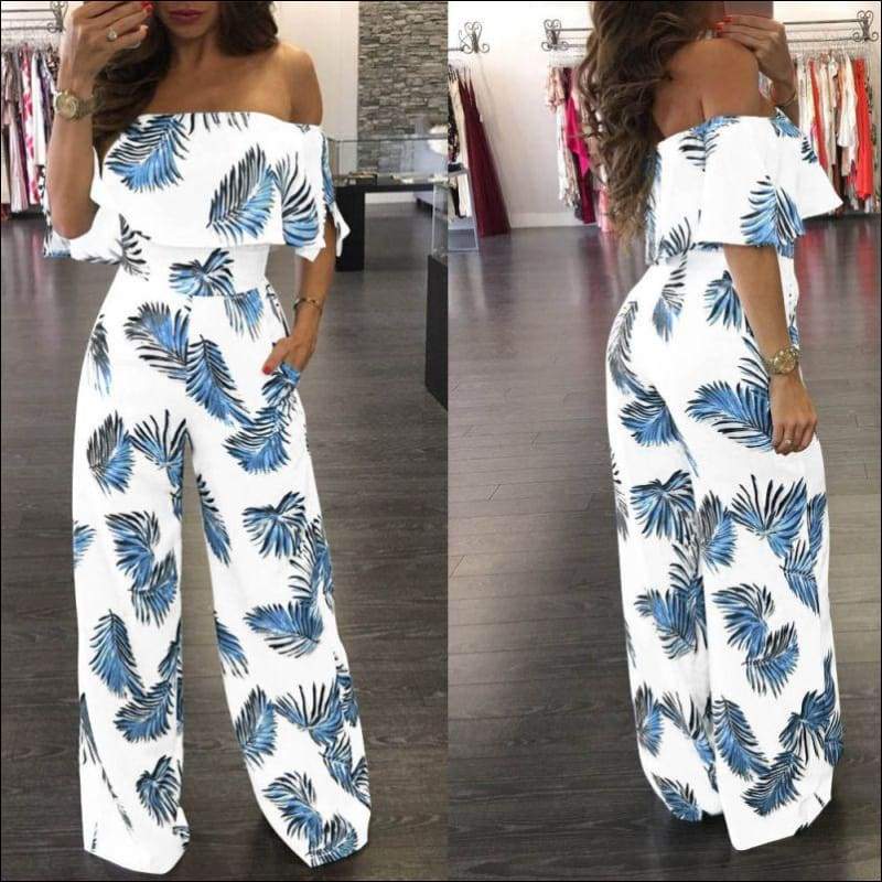 Off Shoulder Wide-leg Leaves Printed Ruffled Jumpsuits - 
