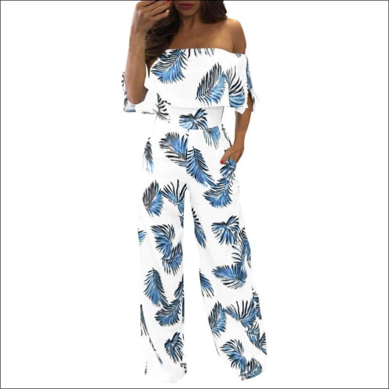 Off Shoulder Wide-leg Leaves Printed Ruffled Jumpsuits - S /