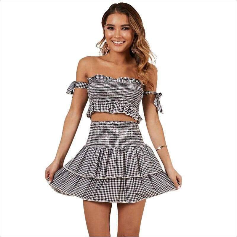 Off-the-shoulder Checkered Print Crop Tops And Tiers Skirt 
