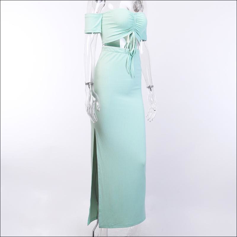 Off-the-Shoulder Lace-up Crop Top And Side-slit Bodycon 