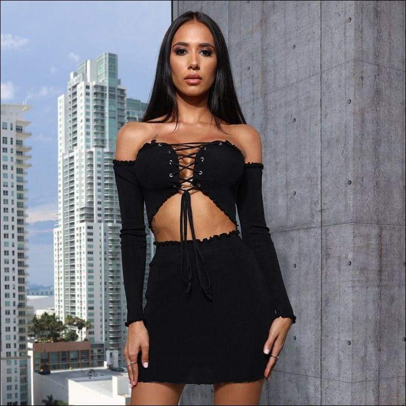 Off-the-shoulder Lace-up Long-sleeve Crop Top Ruffled Tight 