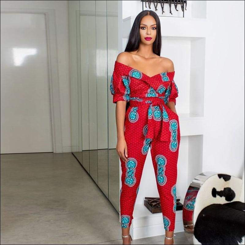 Off-the-Shoulder Lantern Sleeve Print Lace-up Jumpsuits - 
