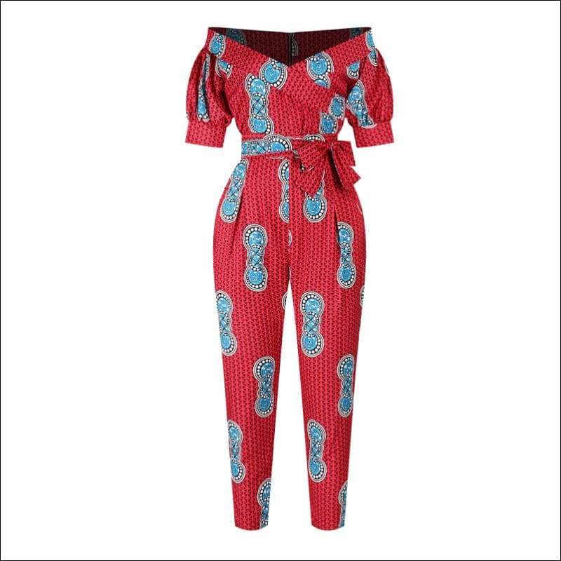 Off-the-Shoulder Lantern Sleeve Print Lace-up Jumpsuits - S 