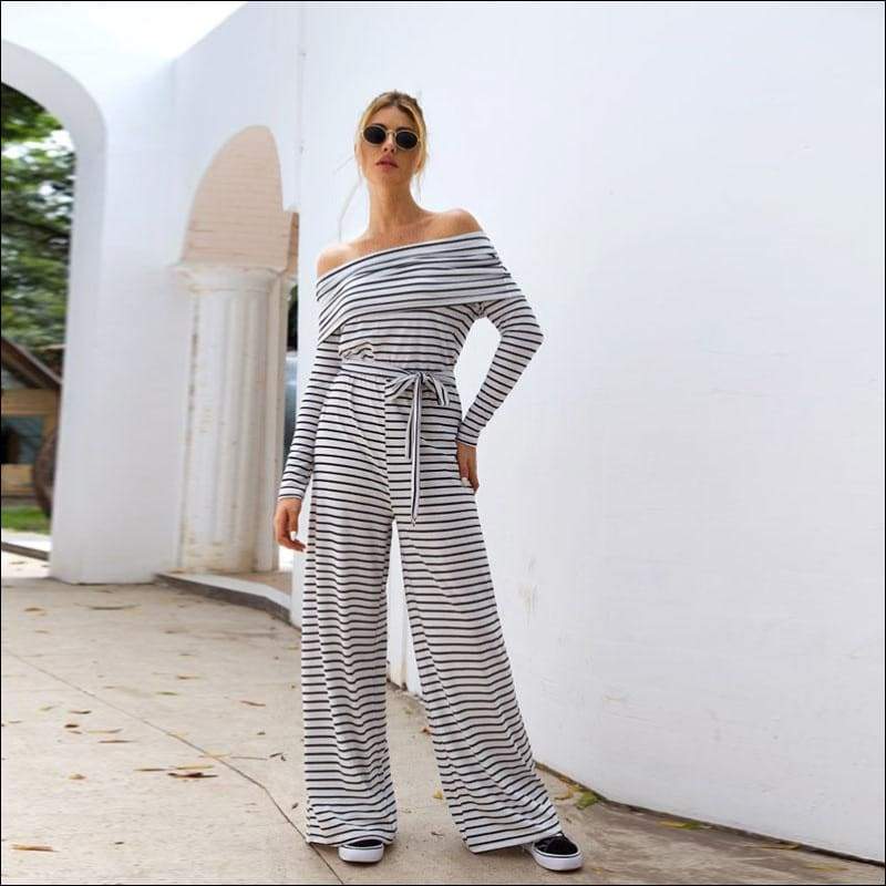 Off-the-Shoulder Lapel Long Sleeve Lace-up Casual Jumpsuits 