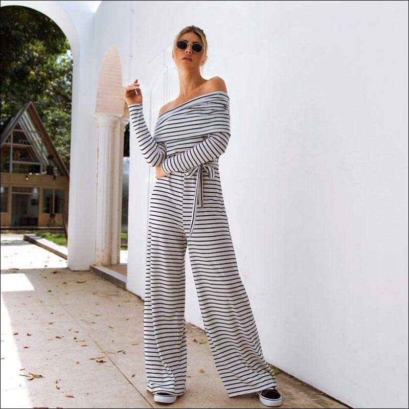 Off-the-Shoulder Lapel Long Sleeve Lace-up Casual Jumpsuits 