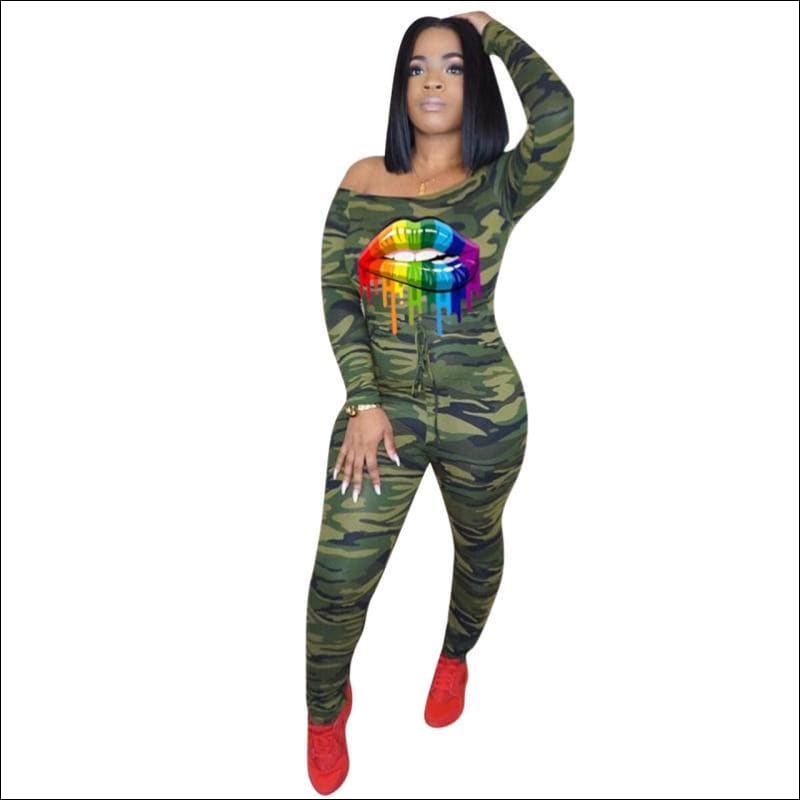 Off-the-Shoulder Long-sleeve Camouflage Lip Print Drawstring