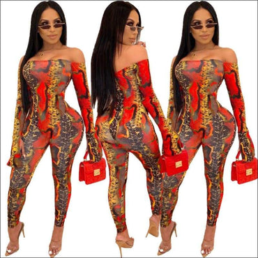 Off-the-Shoulder Long-sleeve Colorful Snake Print