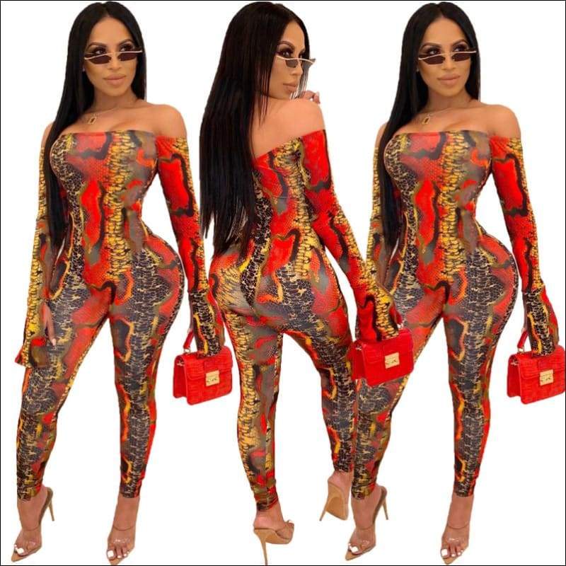 Off-the-Shoulder Long-sleeve Colorful Snake Print - 