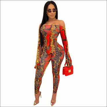 Off-the-Shoulder Long-sleeve Colorful Snake Print