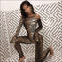 Off-the-Shoulder Long Sleeve Print Tight Jumpsuits
