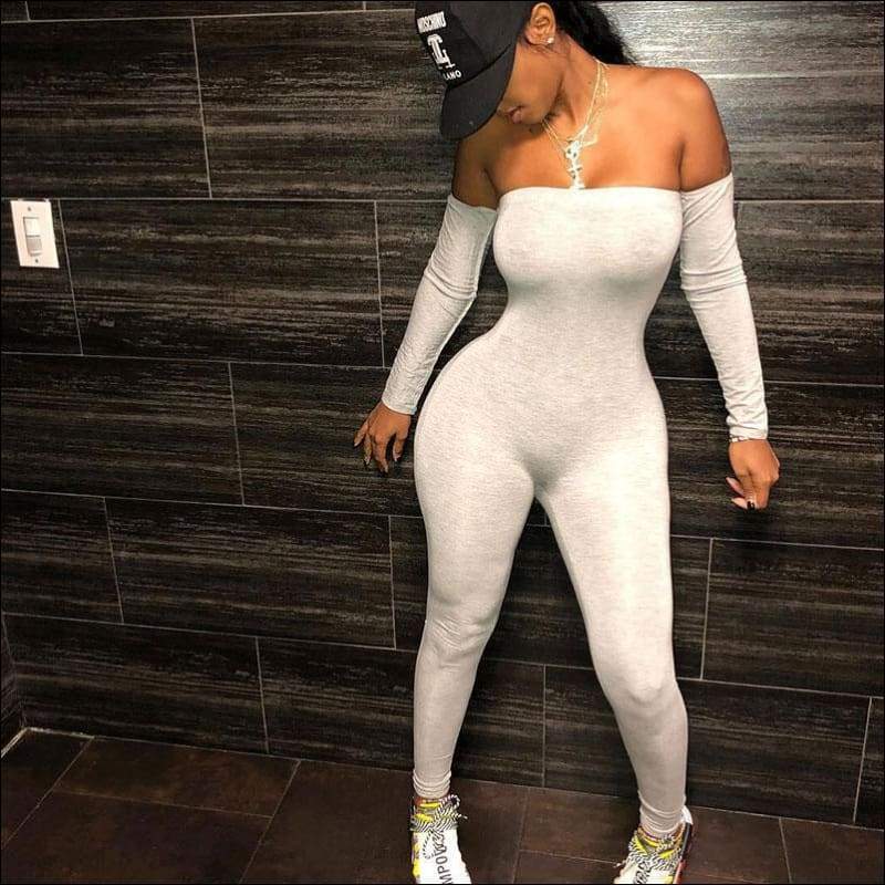 Off-the-Shoulder Long-sleeve Tight Jumpsuits - S / Grey - 