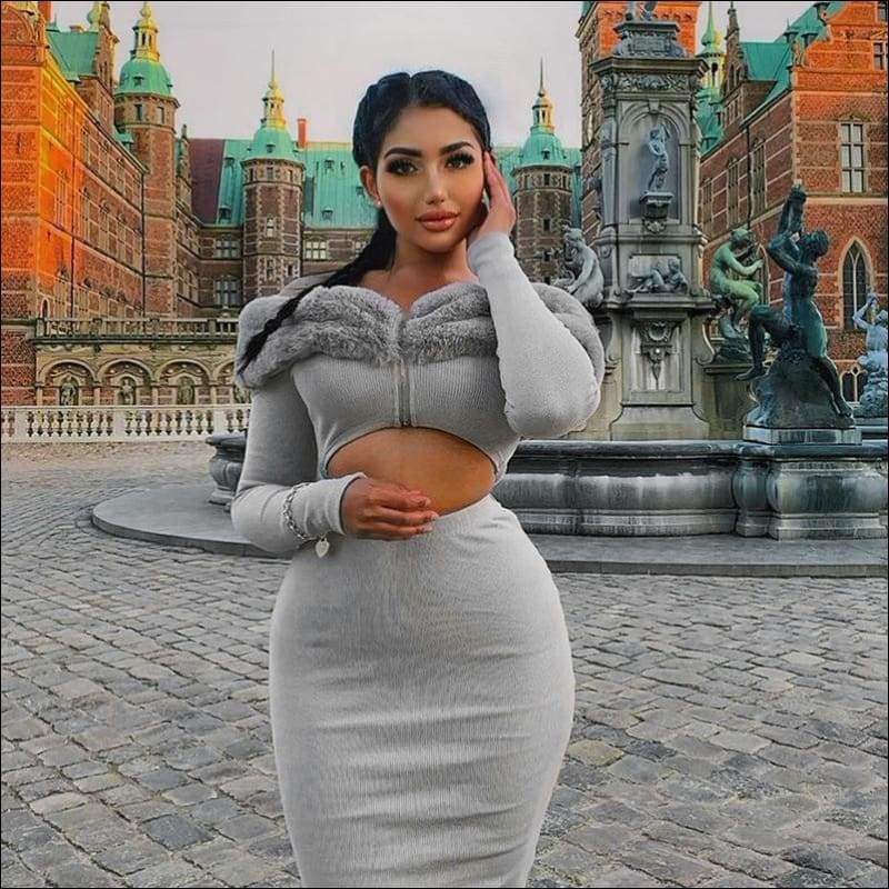 Off-the-Shoulder Plush Zipper Long-sleeve Top And Bodycon 