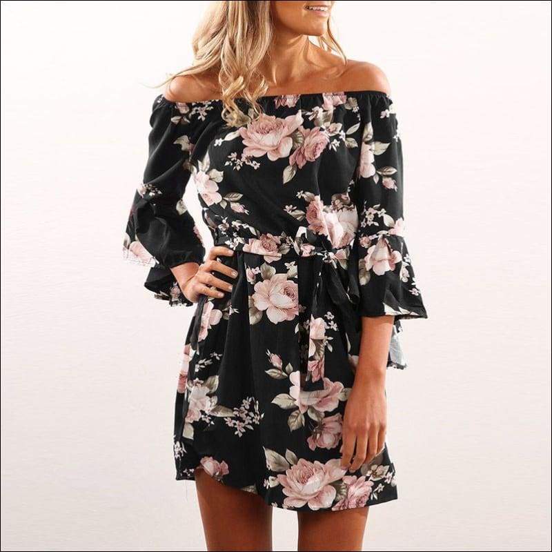 Off-the-Shoulder Print Flare Sleeve Mini Dress - XS / Black 