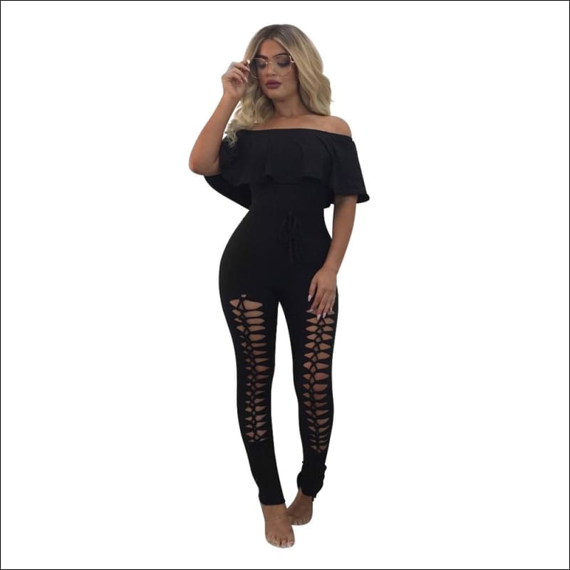 Off-the-Shoulder Ruffle Hollow Tight Jumpsuits - Jumpsuits
