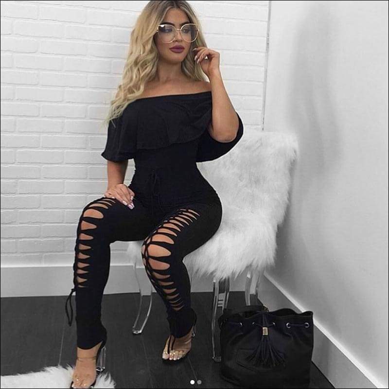 Off-the-Shoulder Ruffle Hollow Tight Jumpsuits - Jumpsuits