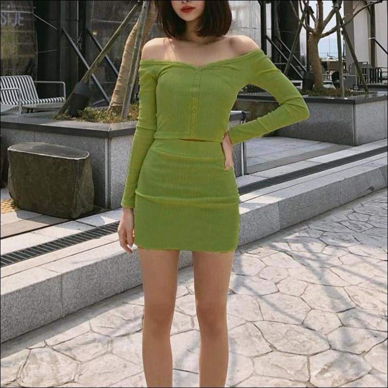 Off-the-Shoulder Single-breasted Long-sleeve Top And Bodycon