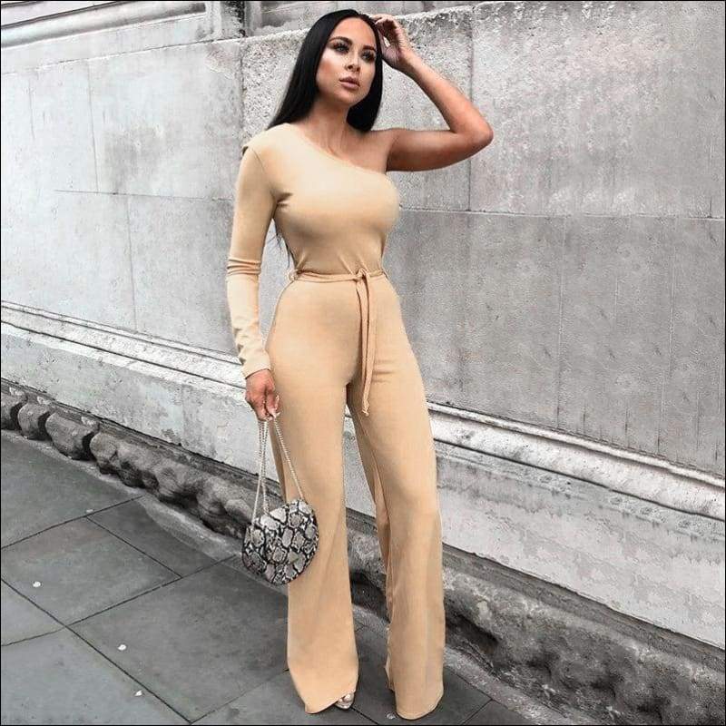 One-shoulder Long Sleeve Lace-up Wide Leg Jumpsuits - S / 