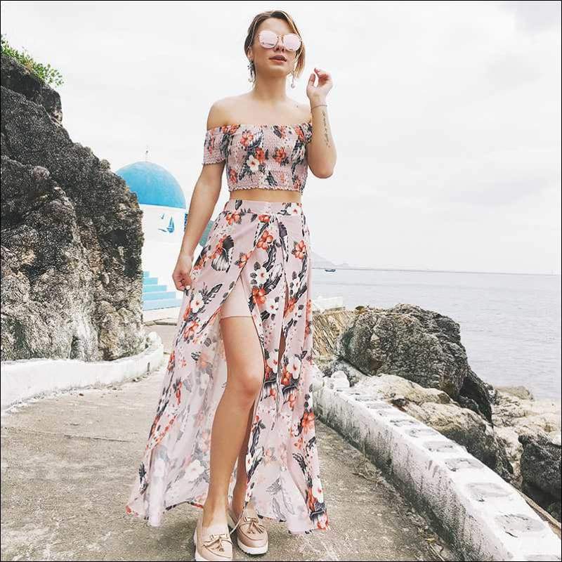 Pink Floral Print Short Sleeved Small Vest Split Skirt - S /