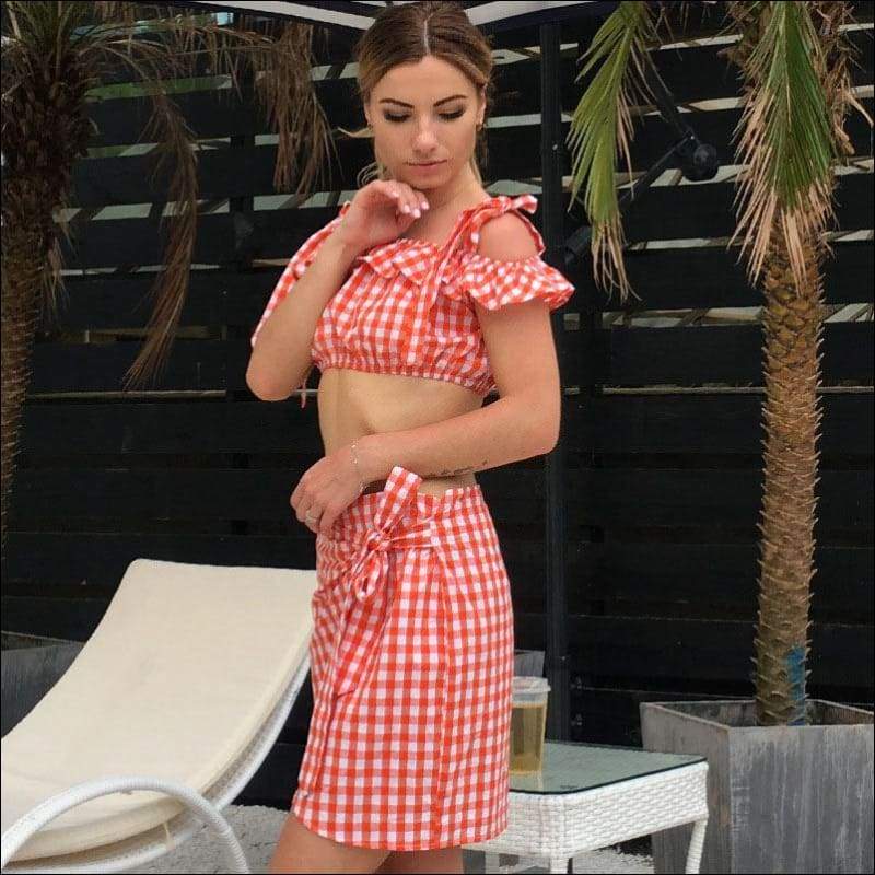 Pink Plaid Design Flouncing Crop Top Irregualr Skirt Set - M