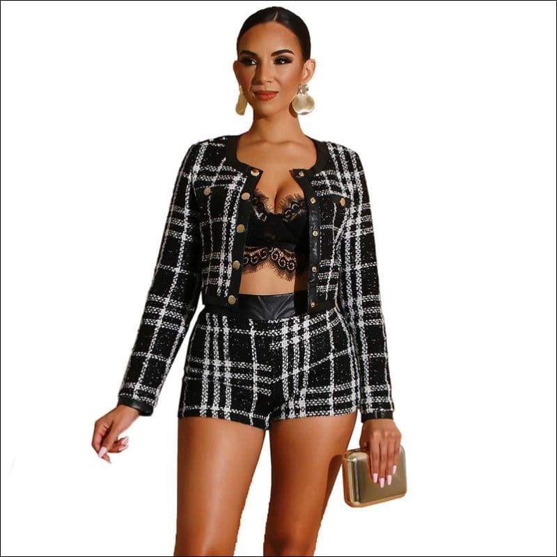 Plaid Pattern Cropped Cardigan Shorts Two Pieces Set - S / 