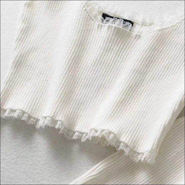 Plain Color Classic Rib-knit Lace Fringed Stretchy