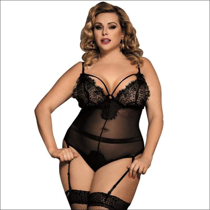 Plus Size Bodysuits See-through Lace Patchwork - M / Black -
