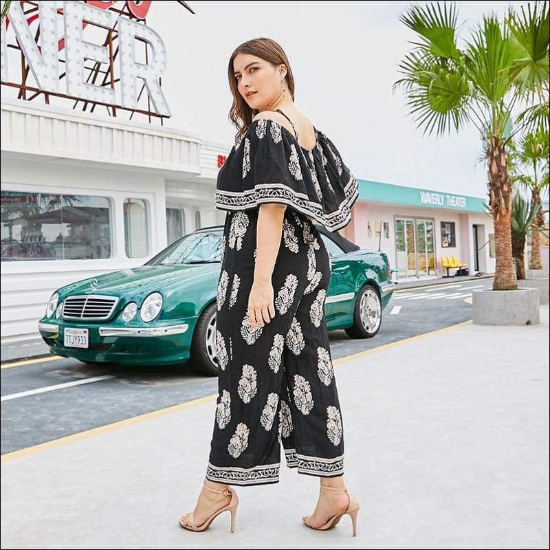 Plus Size Cool-shoulder Floral Print Defined Waist Jumpsuits