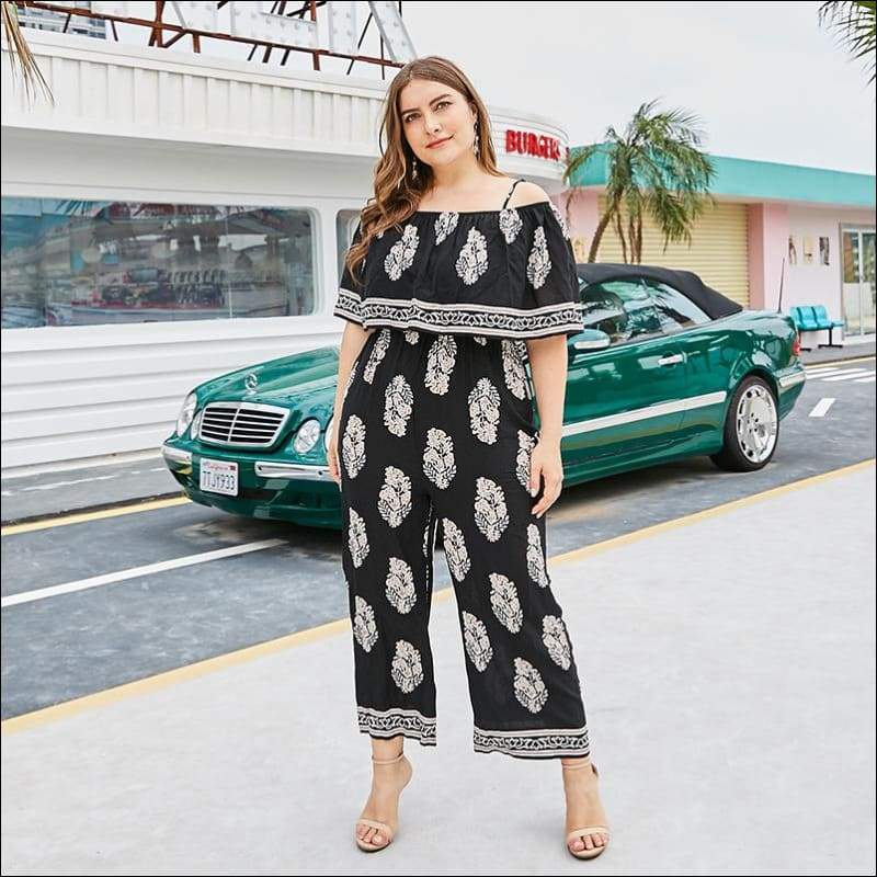 Plus Size Cool-shoulder Floral Print Defined Waist Jumpsuits