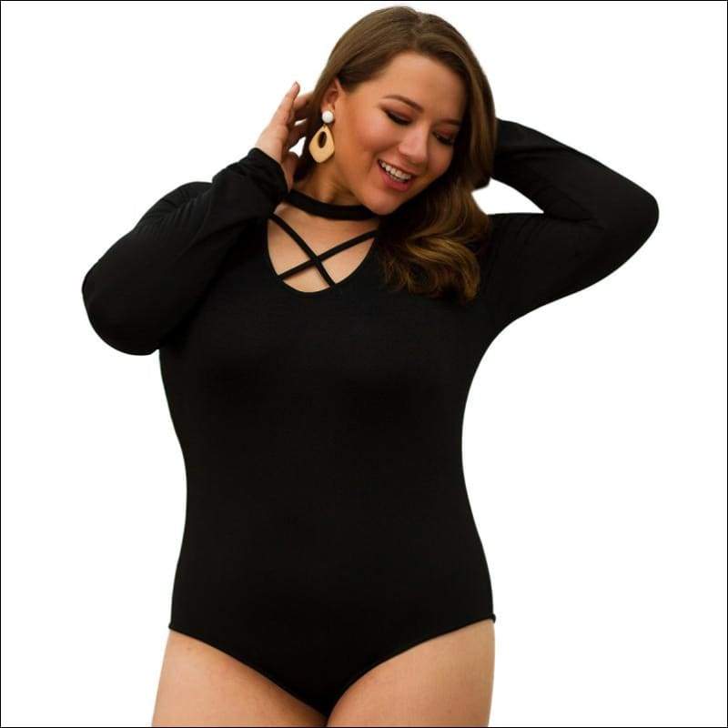 Plus Size Cross Neckline Design Long-Sleeve Bodysuits - XL /
