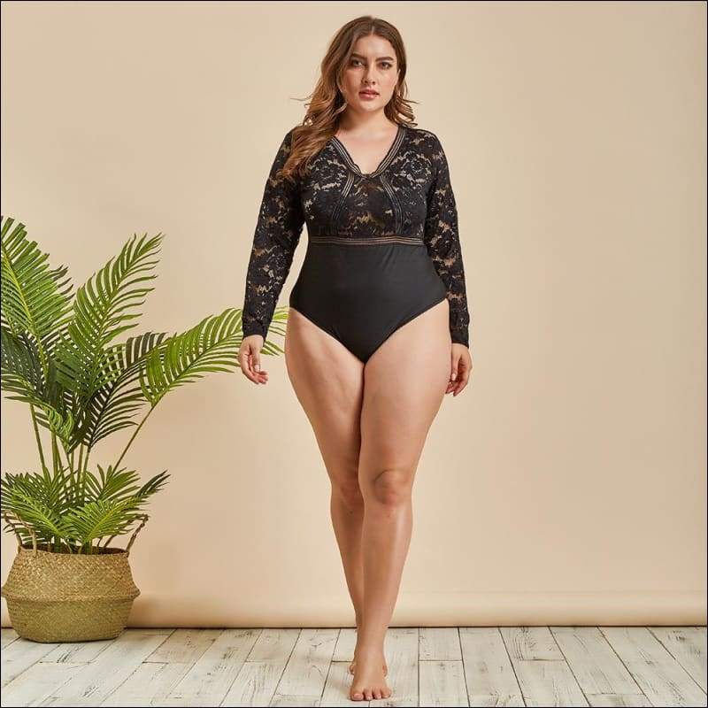 Plus Size Deep V-neck Lace Long-sleeve Bodysuits - Plus Size