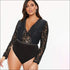 Plus Size Deep V-neck Lace Long-sleeve Bodysuits