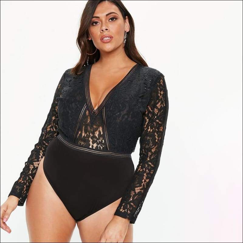 Plus Size Deep V-neck Lace Long-sleeve Bodysuits - XL / 
