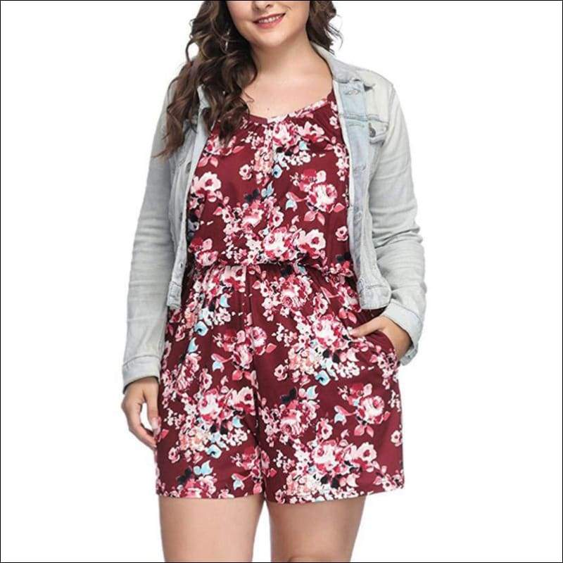 Plus Size Flower Print Defined Waist Sling Rompers - Plus 