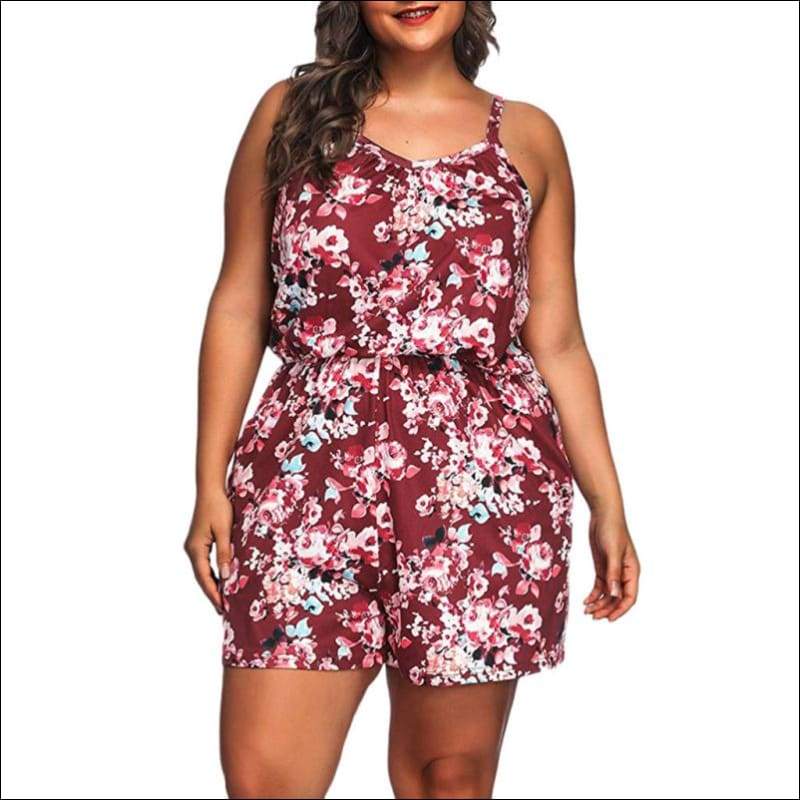 Plus Size Flower Print Defined Waist Sling Rompers - XL / 