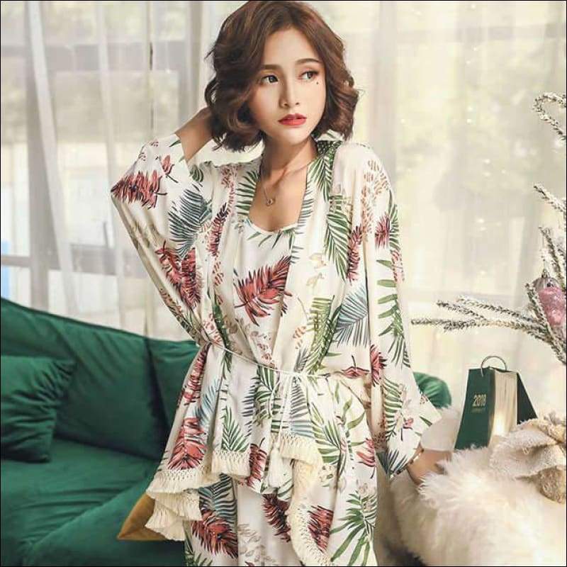 Plus Size Flower Print Sexy Nightwear 3Piece Set - Lingerie 