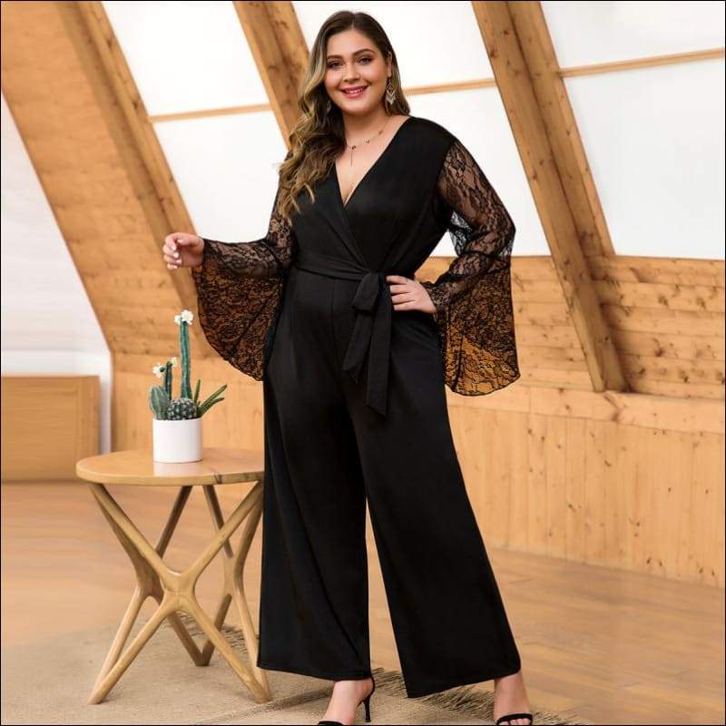 Plus Size Lace-up V-neck Flare Sleeve Jumpsuits - XL / Black
