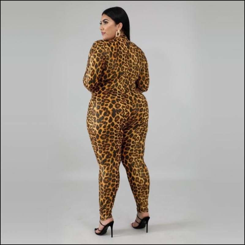 Plus Size Leopard Zipper Long-sleeve Tight - 4XL / Yellow - 