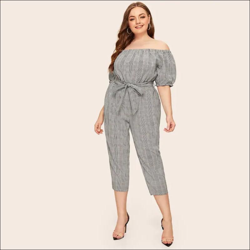 Plus Size Off-the-Shoulder Plaid Lace-up Jumpsuits - XL / 