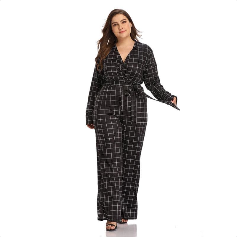 Plus Size Plaid V-neck Long Sleeve Lace-up Jumpsuits - 3XL /