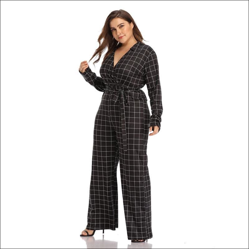 Plus Size Plaid V-neck Long Sleeve Lace-up Jumpsuits - L / 