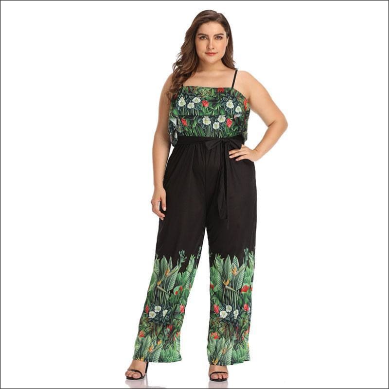 Plus Size Print Sling Wide-legged Jumpsuits - 3XL / Green - 
