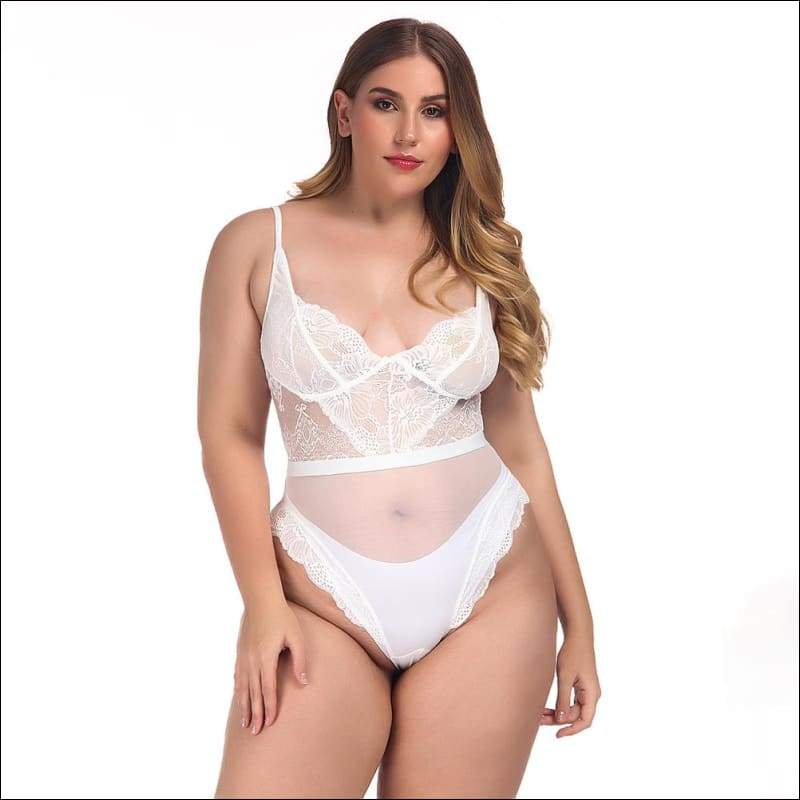 Plus Size See-through Lace Sling Bodysuits - XL / White - 